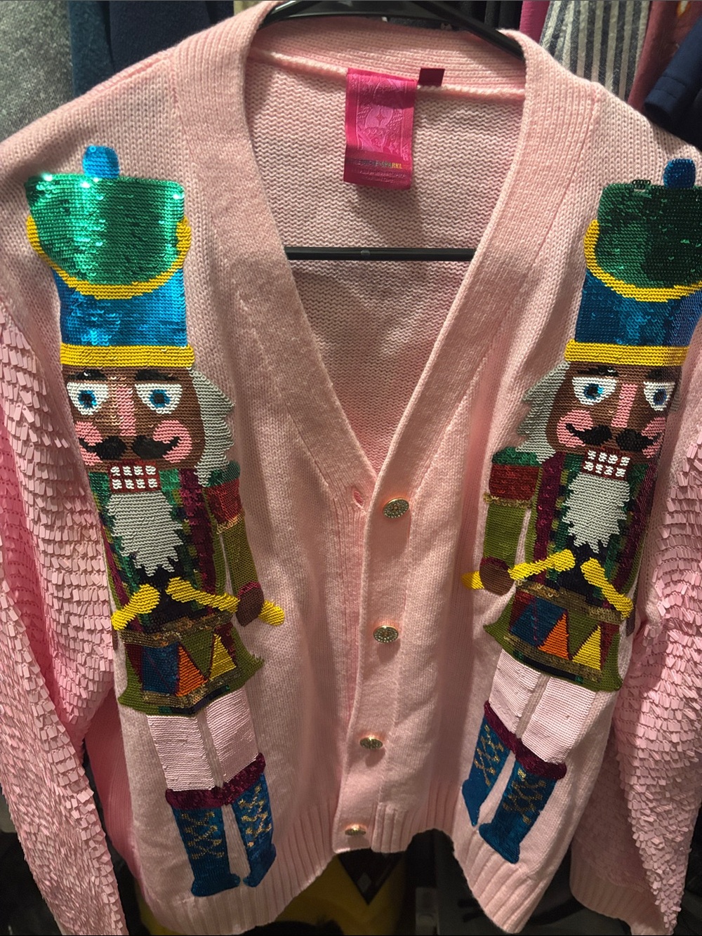 QUEEN OF SPARKLES Pink Sequin Nutcracker V-Neck Cardigan